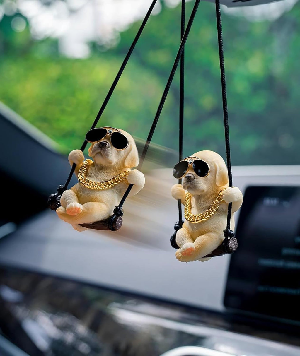 Rewop Cute Dog Hanging Accessories Swinging Dog Rear View Mirror Car Accessories, Labrador Car Hanging Ornament Car Pendant Items for Men, Women, Couples (Biege)