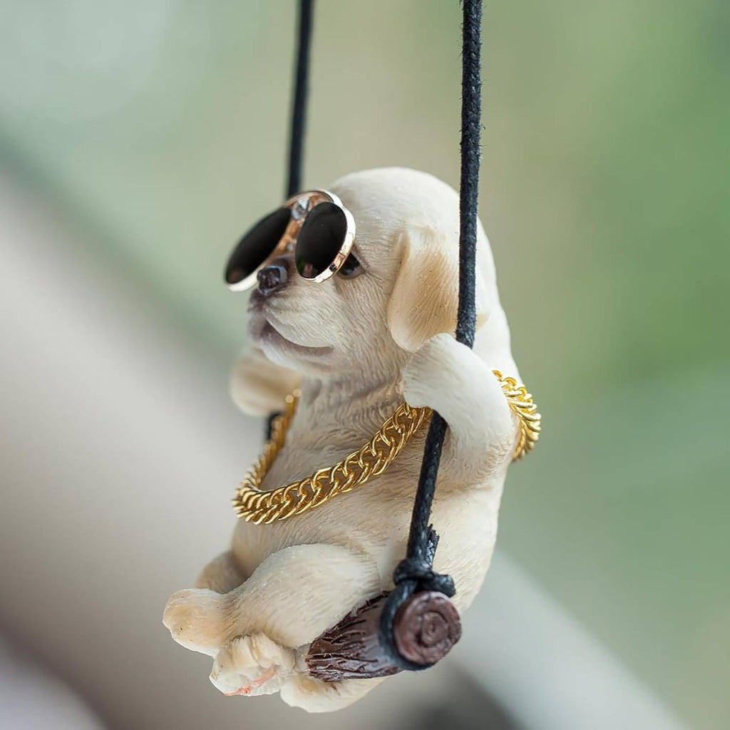 Rewop Cute Dog Hanging Accessories Swinging Dog Rear View Mirror Car Accessories, Labrador Car Hanging Ornament Car Pendant Items for Men, Women, Couples (Biege)