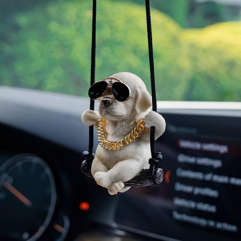 Rewop Cute Dog Hanging Accessories Swinging Dog Rear View Mirror Car Accessories, Labrador Car Hanging Ornament Car Pendant Items for Men, Women, Couples (Biege)